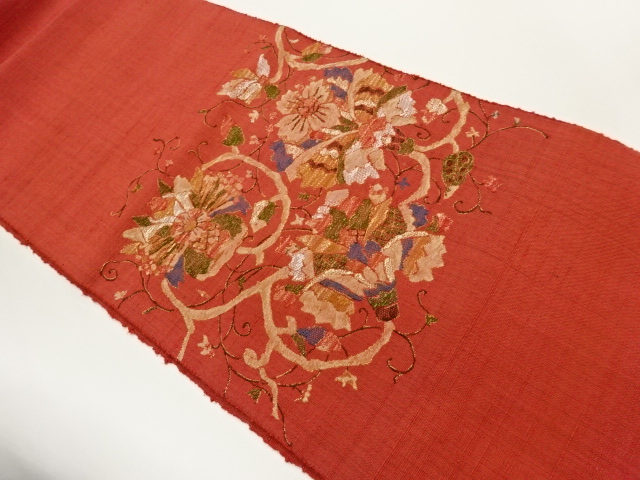 手織り紬花唐草模様織出し名古屋帯